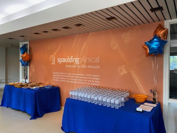 Table with water bottles and snacks